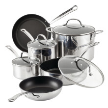 Juego de utensilios de cocina antiadherentes de acero inoxidable Farberware Millennium, juego de ollas y sartenes de 10 piezas, acero inoxidable