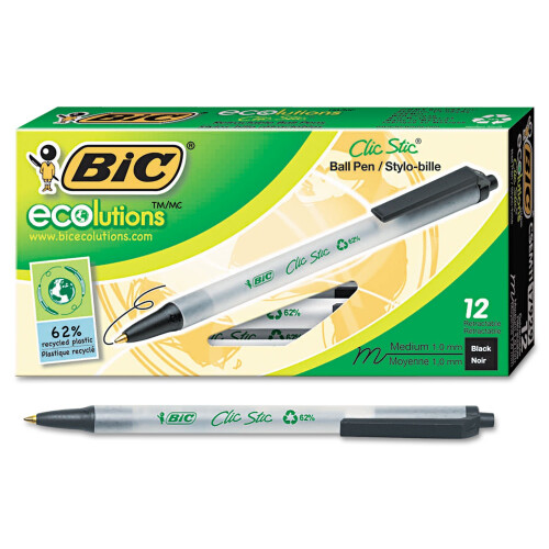 BIC BIC CSEM11BK Ecolutions Clic Stic Retractable Ballpoint Pen  Black Ink  1mm  Medium  Dozen