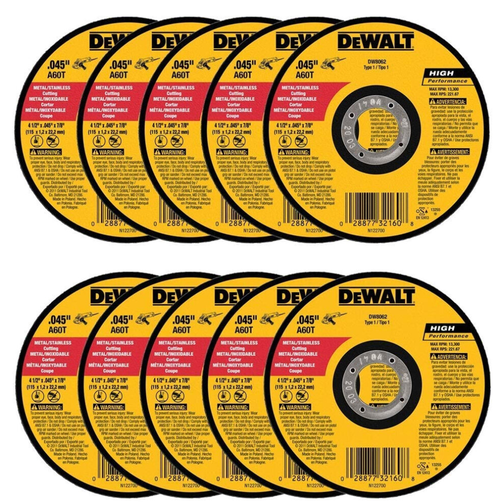 DeWalt DW8062 4-1/2""""x.045""""x7/8"""" Metal Angle Grinder Thin Cutoff Wheel  10 Pack