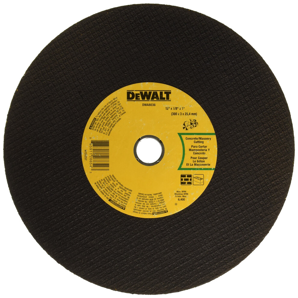 DEWALT DWA8036 Concrete/Masonry Port Cutoff Wheel  12-Inch x 1/8-Inch x 1-Inch  Aluminum Oxide  Coarse Grit  Reinforced  Multi  For Angle Grinder