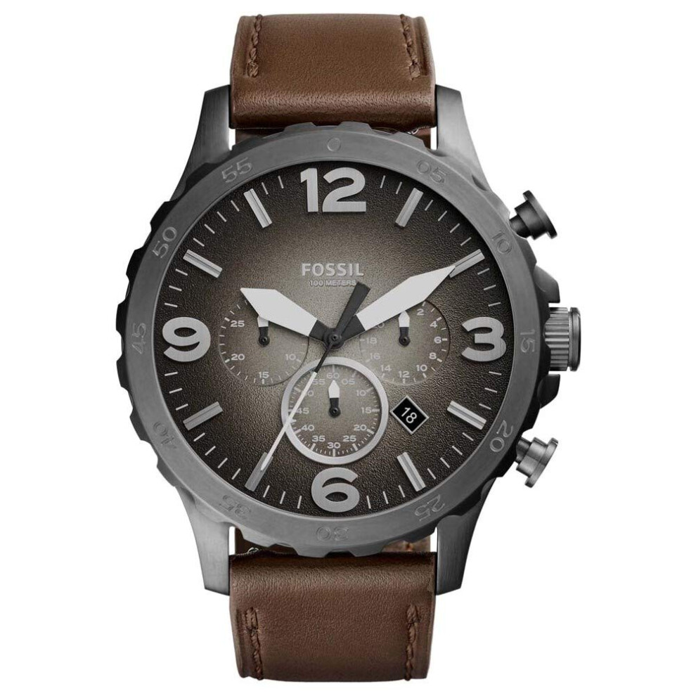 Fossil Men's Nate Quartz Stainless Steel and Leather Chronograph Watch  Color: Smoke  Brown (Model: JR1424)