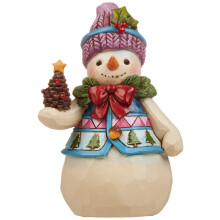Enesco Jim Shore Heartwood Creek Pint-Size Snowman with Pinecone Stone Resin Figurine 4.75 White Red Green Blue