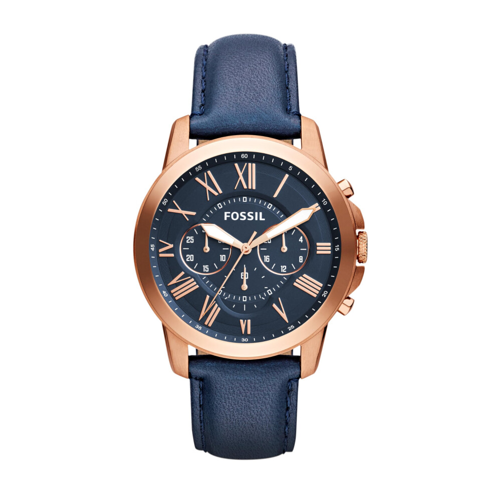 Fossil Men's Grant Quartz Stainless Steel and Leather Chronograph Watch  Color: Rose Gold  Navy (Model: FS4835)