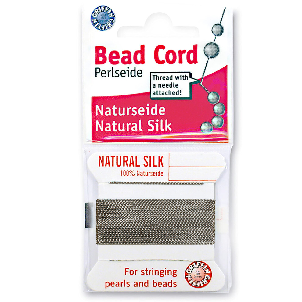 Griffin Silk Bead Cord Perlseide - Grey Color - Size 6 (0.70mm) - 2 Meters per Card - Stainless Steel Needle Attached - for Knotting Pearls  Gemstones