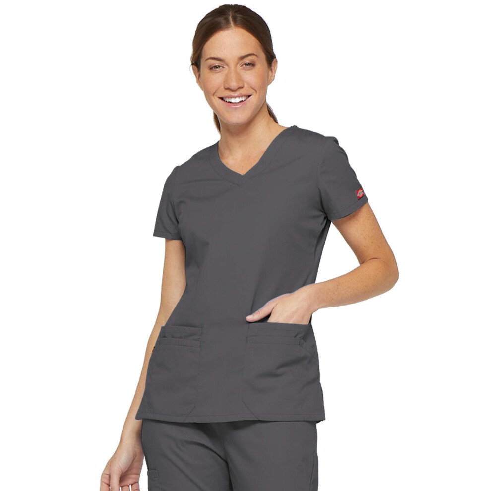 Dickies Women's EDS Signature V-Neck Top with Multiple Patch Pockets  Pewter  Small