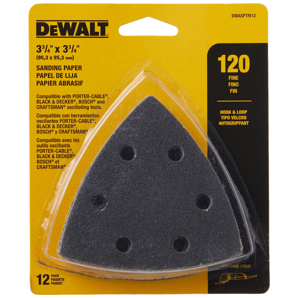 DEWALT DWASPTRI12 Hook and Loop Triangle 120 Grit Sandpaper  12-Pack  Black