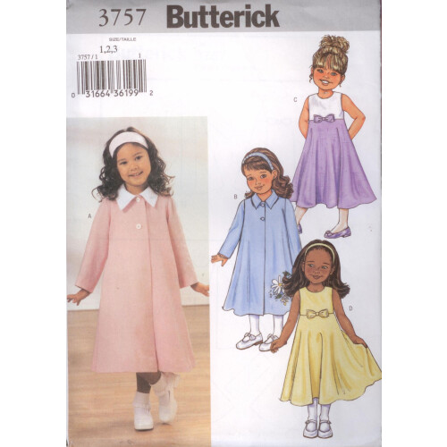 Butterick Μοτίβο Ραπτικής Butterick 3757 Κορίτσια Μέγεθος 1-2-3 Εύκολη Άνοιξη Σακάκι Φόρεμα Αμάνικο