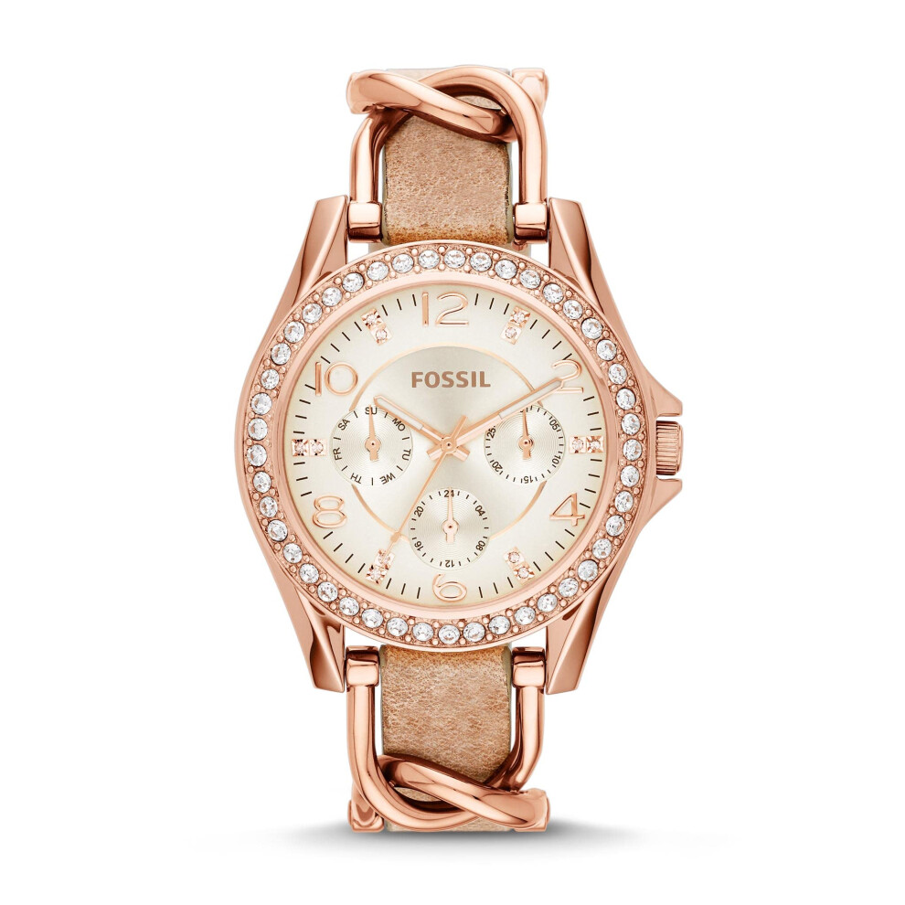 Fossil Women's Riley Quartz Stainless Steel and Leather Multifunction Watch  Color: Rose Gold  Sand (Model: ES3466)
