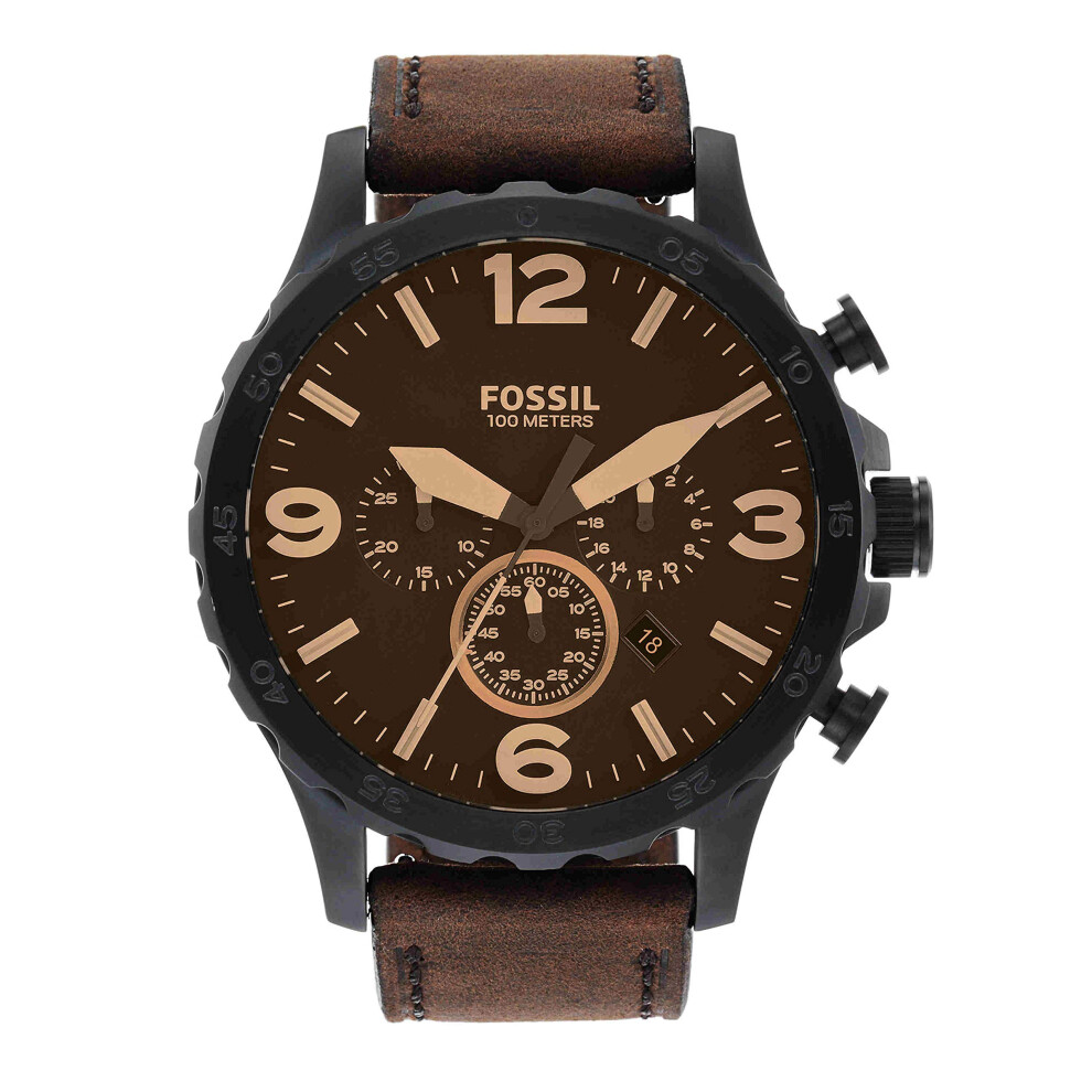 Fossil Men's Nate Quartz Stainless Steel and Leather Chronograph Watch  Color: Black  Dark Brown (Model: JR1487)