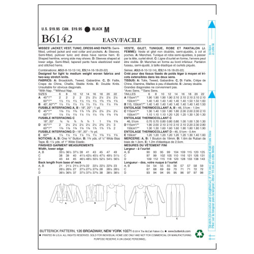 Butterick Butterick Patterns B6142 Γυναικείο Σακάκι, Γιλέκο, Τουνίκ, Φόρεμα και Παντελόνι 2