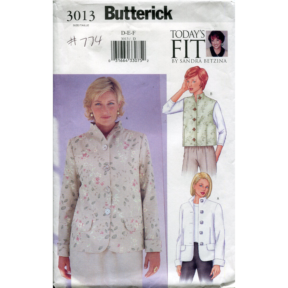 Patron Butterick 3013     Veste et gilet coupe actuelle pour femme/petite taille par Sandra Betzina     Poitrine 38-43
