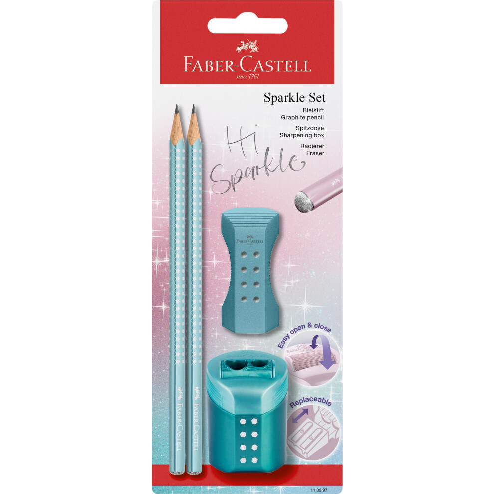 Faber-Castell Sparkle 118297 Pencil Set With Sharpener Eraser And 2 Pencils Writing Set Ocean Metallic