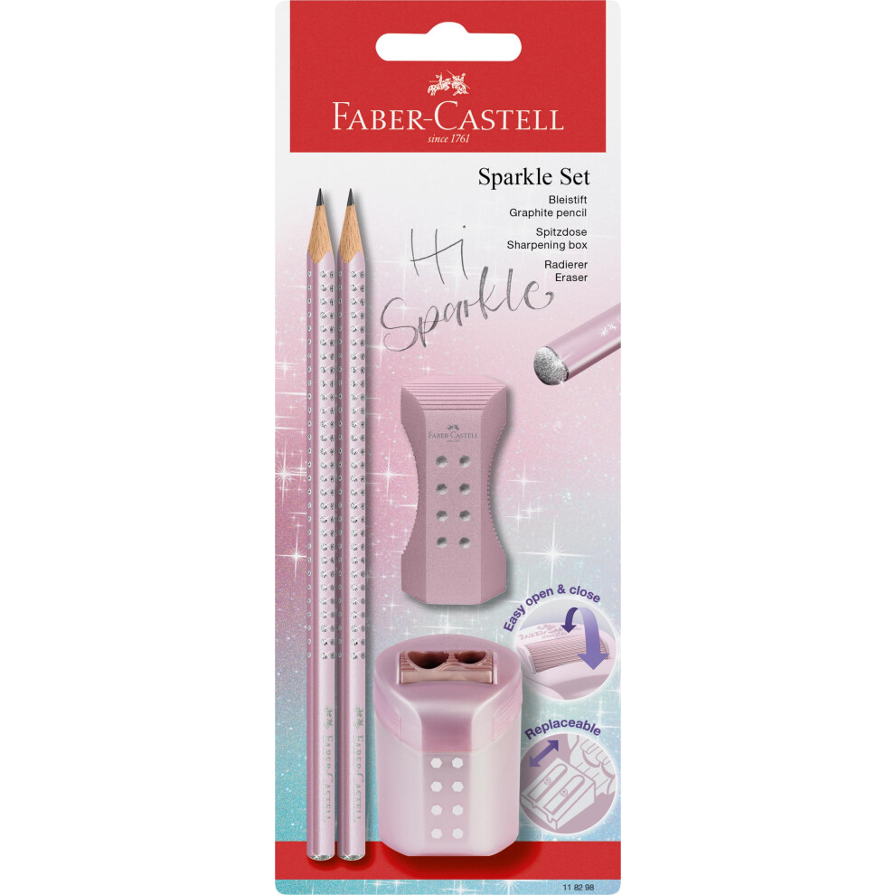 Faber-Castell Sparkle 118298 Pencil Set with Sharpener  Eraser and 2 Pencils  Writing Set Rose Metallic
