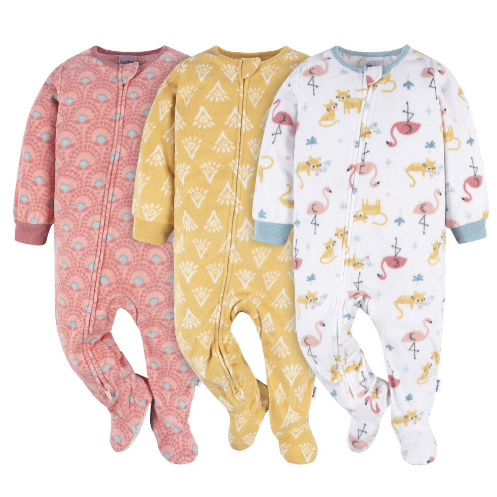 Gerber Baby Girl's Toddler Flame Resistant Fleece Footed Pajamas 3-Pack  Pink Flamingos