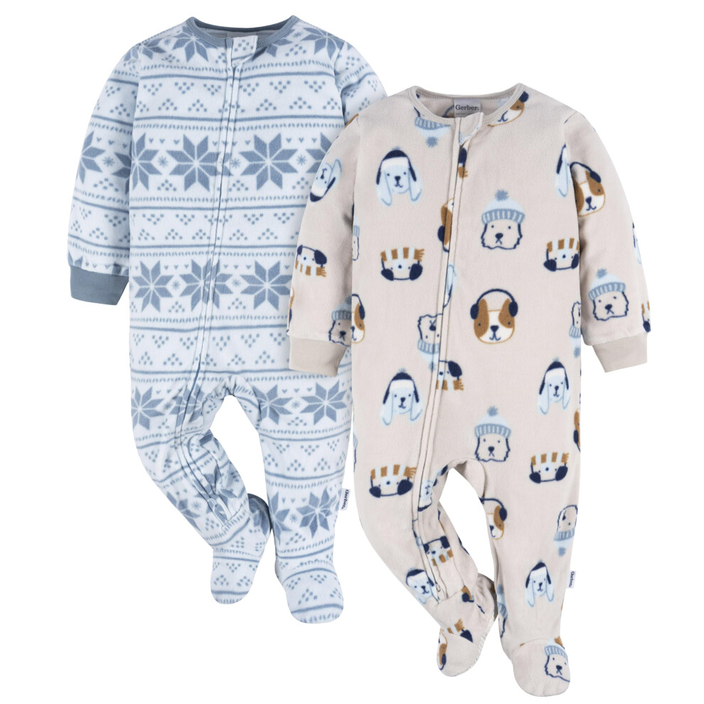 Gerber Baby Boy's Toddler Loose Fit Flame Resistant Fleece Footed Pajamas 2-Pack  Dog/Blue Fairisle  2T