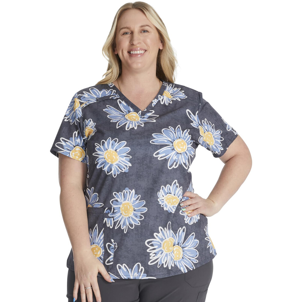 Dickies EDS Women Scrubs Top V-Neck Print DK616  XL  Sunflower Doodle