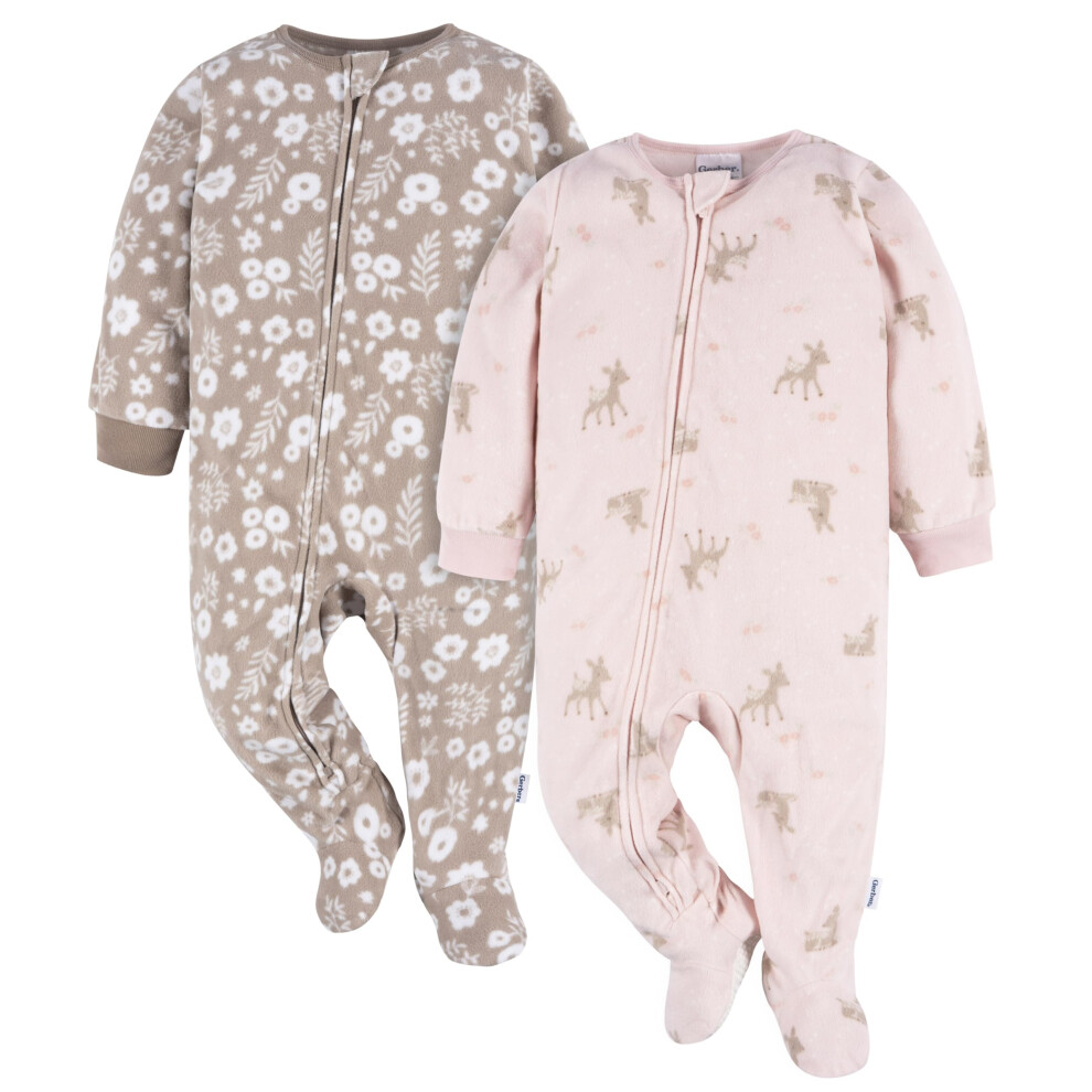 Gerber Toddler Baby Girls Flame Resistant Fleece Footed Pajamas 2-Pack  Pink Brown Deer
