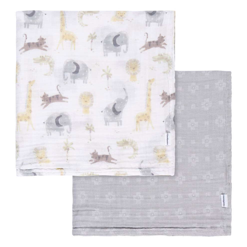 Gerber Baby Unisex 2-Pack Muslin Blanket  Animals + Geos Neutral  One Size