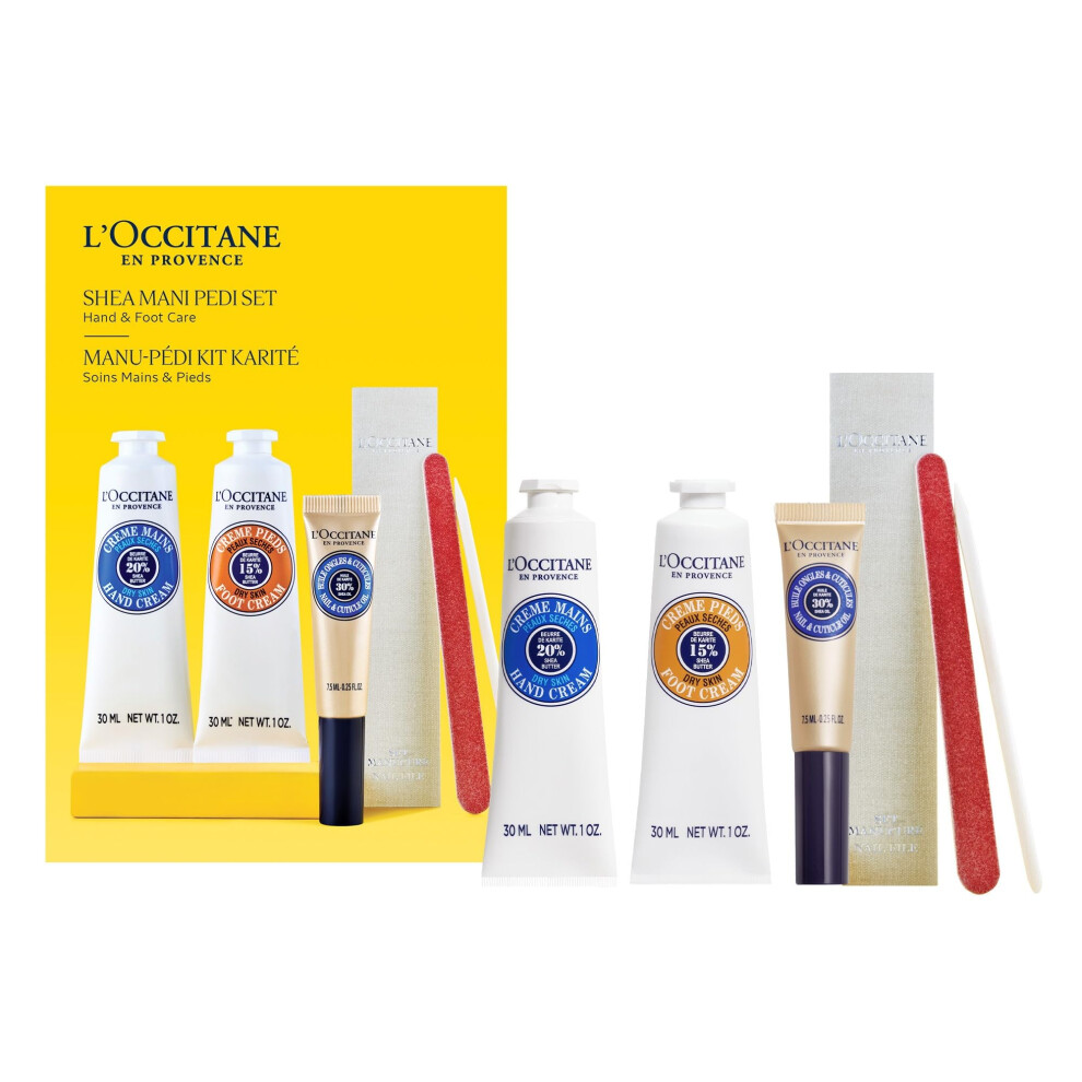 L'Occitane Shea Mani Pedi Set: Soften  Moisturize and Comfort Skin  Set Includes Shea Butter Hand Cream  Foot Cream  Nail & Cuticle Oil  Gift Set