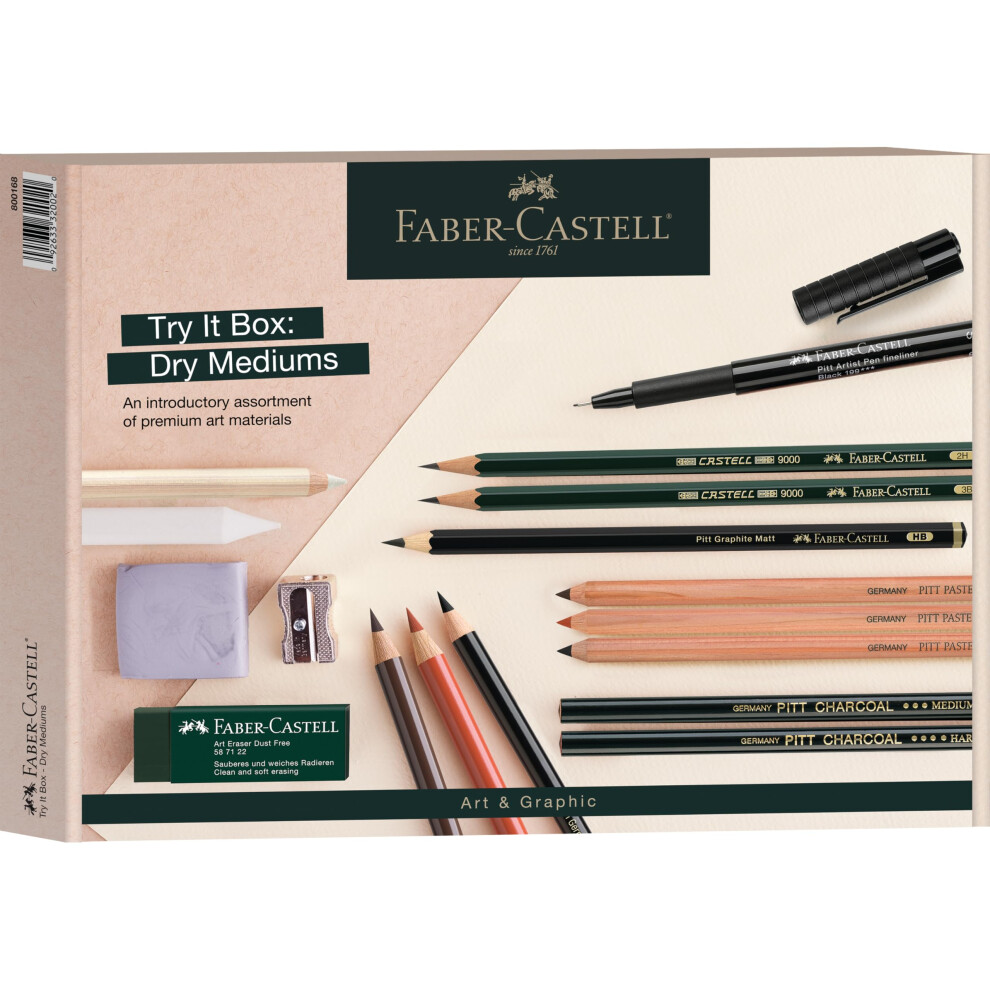 Faber-Castell Try It Box: Dry Mediums - 17 Piece Sketching Drawing Art Set with featuring Colored Pencils  Graphite Pencils  Charcoal Pencils  Pitt Ar