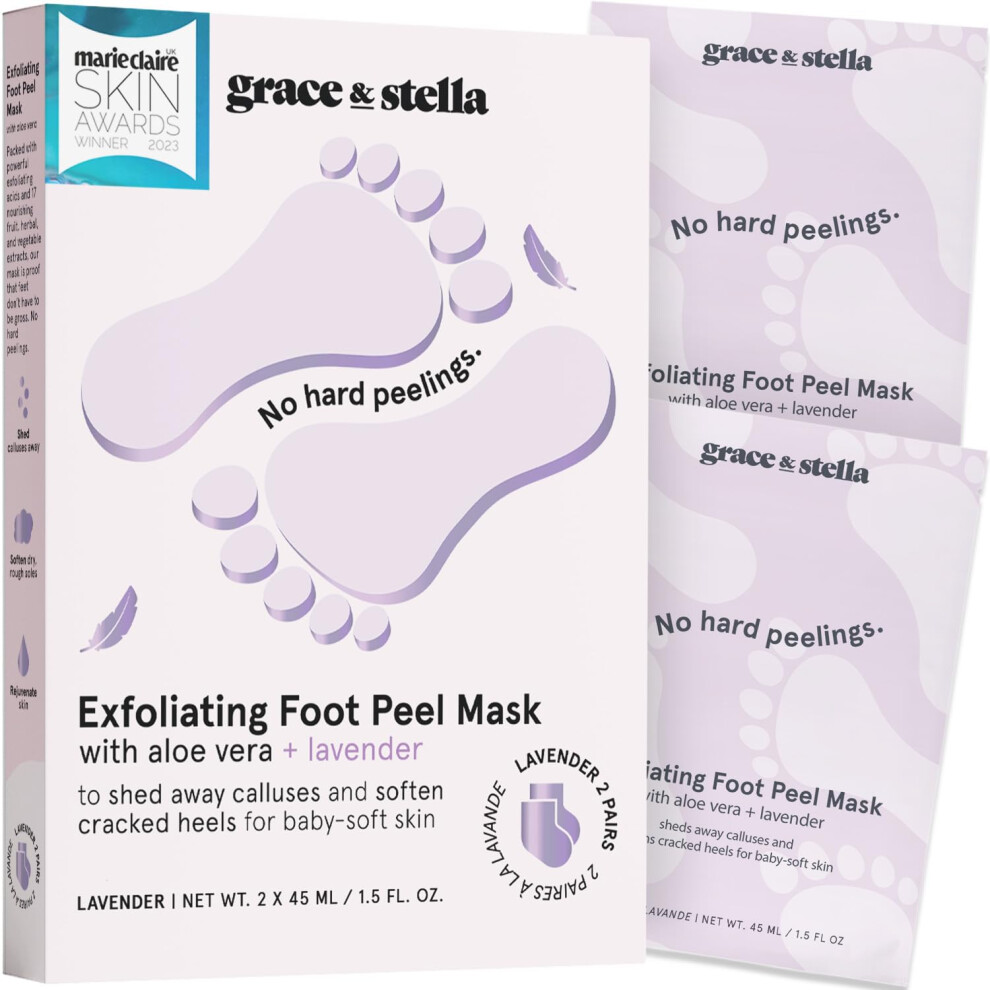 Grace & Stella Lavender Award-Winning Foot Peel Mask (2 Pairs ) - Foot Peeling Mask With Aloe Vera - Moisturizing Foot Mask For Dry Cracked Feet - Foo