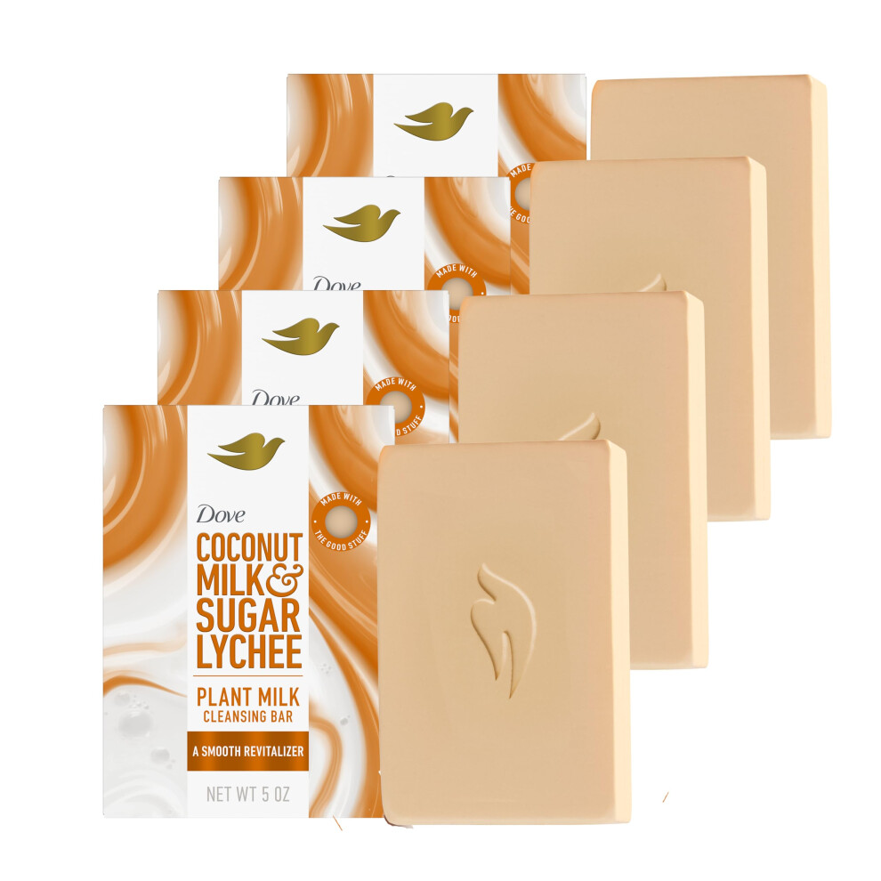 Dove Plant Milk Cleansing Bar Soap Coconut Milk & Sugar Lychee Smooth Revitalizer 4 Count for Moisturized Skin Gentle Cleanser  No Sulfate Cleansers o