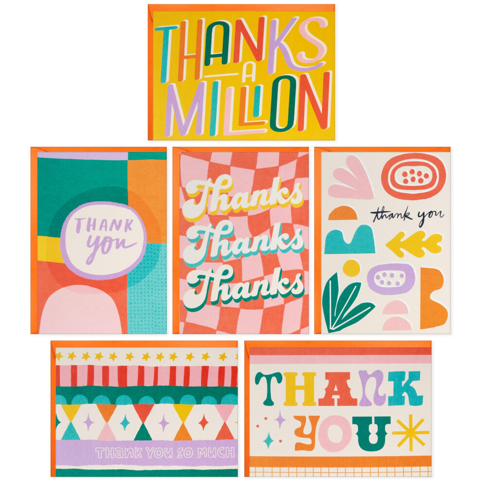 Hallmark Retro Thank You Card Assortment (24 Blank Cards With Envelopes) Pink Orange/Yellow/Green