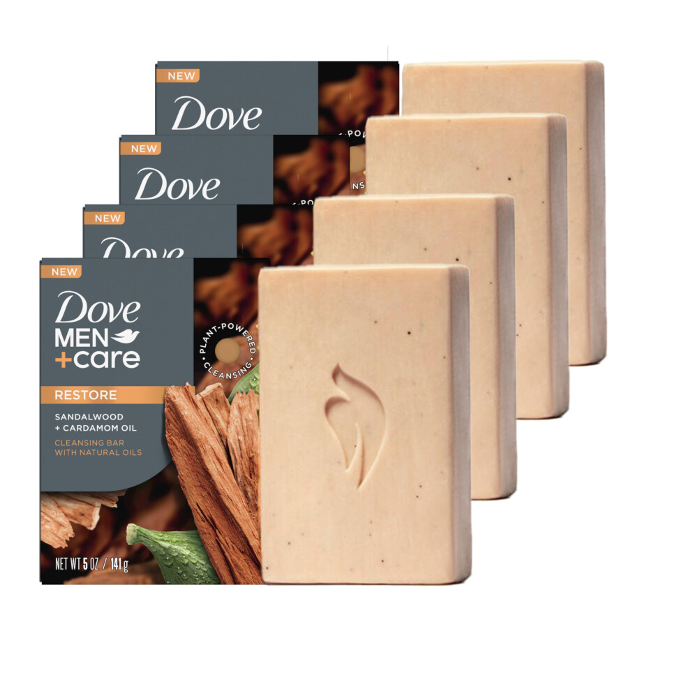 DOVE MEN + CARE Cleansing Bar Soap Sandalwood + Cardamom Oil 4 Bars to Rebuild Skin in the Shower  a 4in1 Hair  Body  Face & Shaving Bar with Plant-Ba