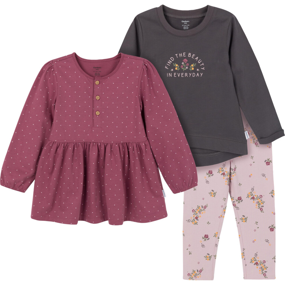 Gerber Toddler Girls' 3-Piece (2 Tunics and Legging) Set  Brown/Violet  2T