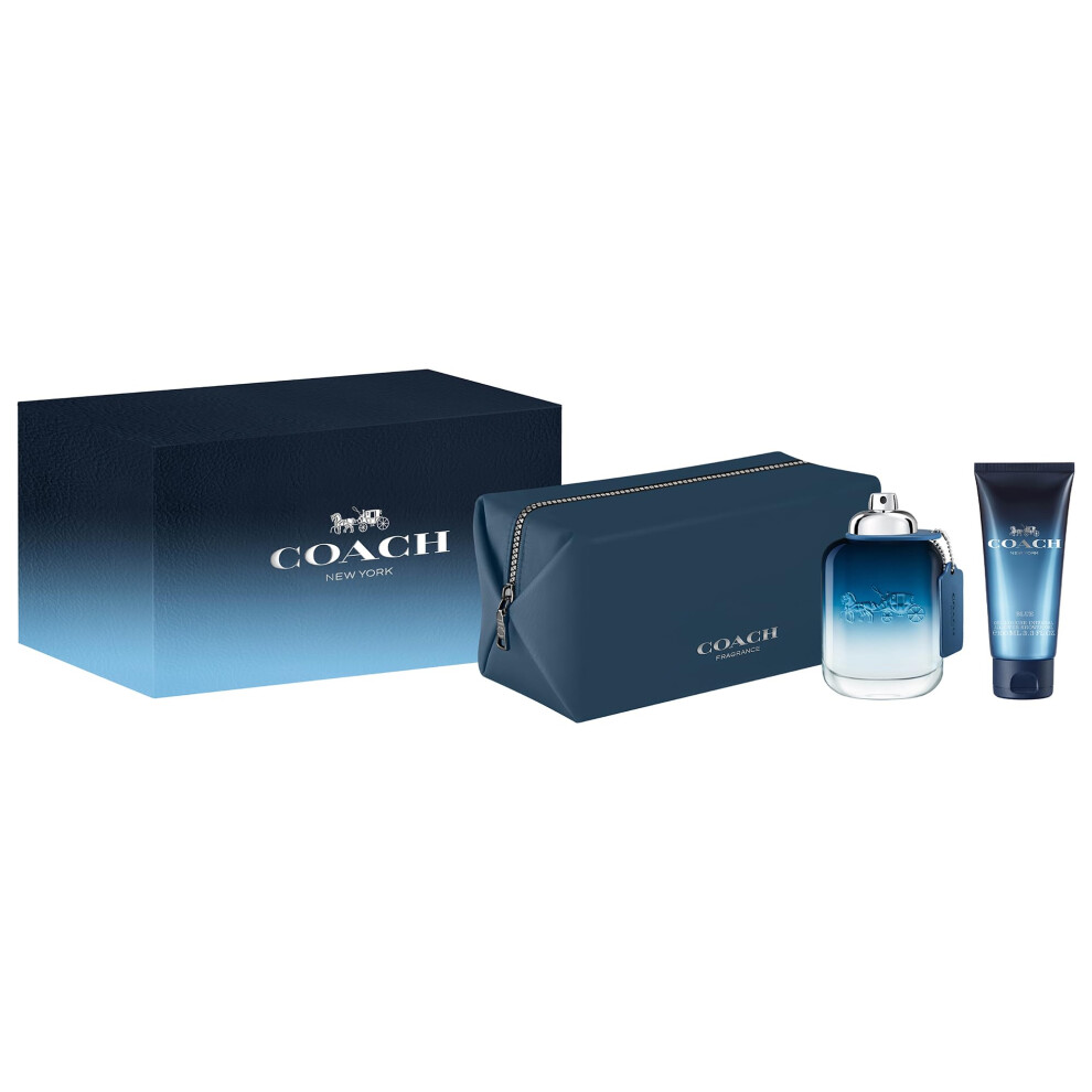 Coach Blue Eau de Toilette 3 Piece Set - 3.3 fl. oz. Spray  3.3 fl. oz. Shower Gel  Pouch - Long Lasting Fragrance with notes of Lime Oil  Black Peppe