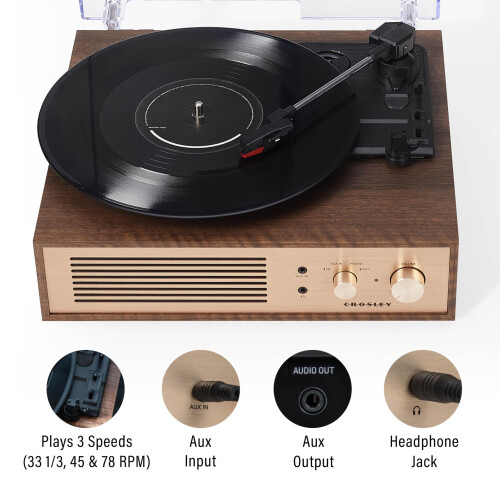Crosley Crosley CR6045A-WA Miles Πικάπ Bluetooth 3 ταχυτήτων με ενσωματωμένα ηχεία, καρυδιά 1