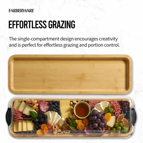 Farberware Tbua de corte retangular FARBERWARE com compartimento nico e tampa transparente para salgadinhos de charcutaria e mais bambu 2