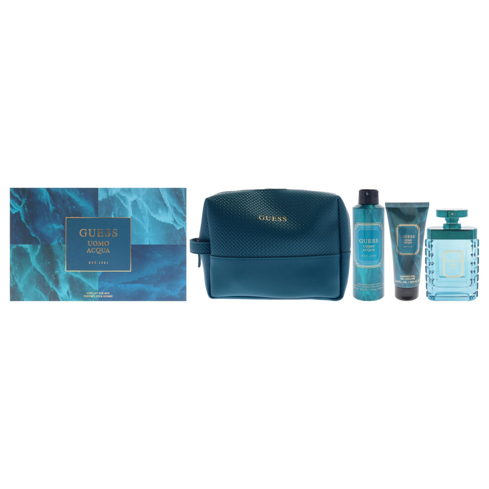 Guess Uomo Acqua for Men - 4 Pc Gift Set 3.4oz EDT Spray  6oz Deodorizing Body Spray  3.4oz Shower Gel  Pouch