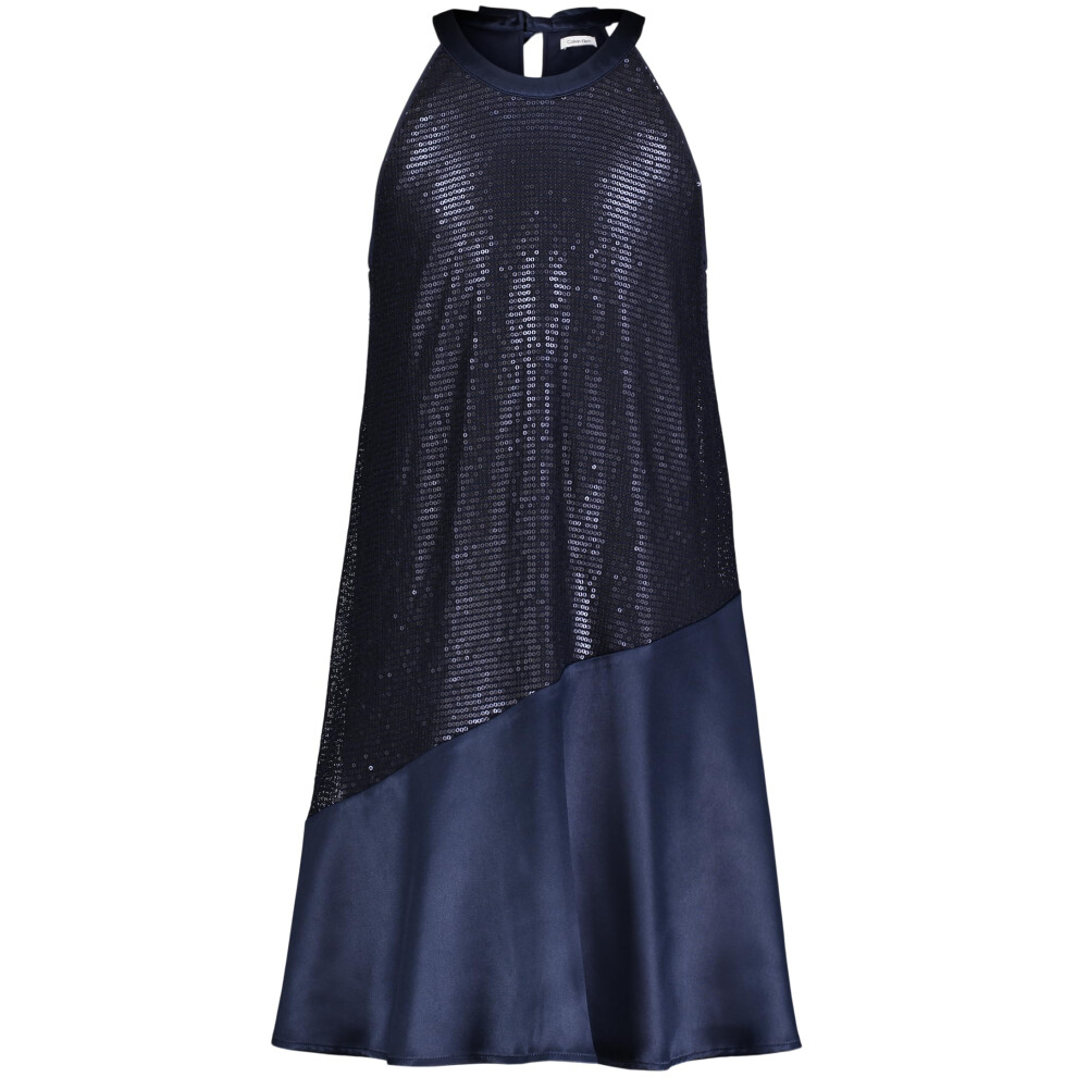 Calvin Klein Jeans Girls' Sleeveless Party Dress  Fit and Flare Silhouette  Round Neckline & Back Zip Closure  Navy Sequin  16