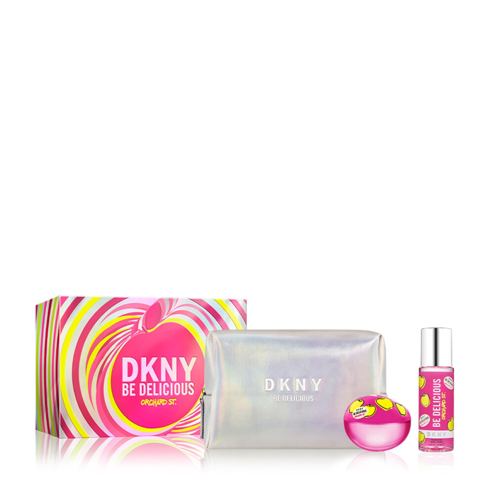 DKNY Be Delicious Orchard St. Eau de Parfum 3 Piece Gift Set For Women - Perfume Spray 3.4 Fl. Oz.  Fragrance Mist 4.2 Fl. Oz.  & Pouch