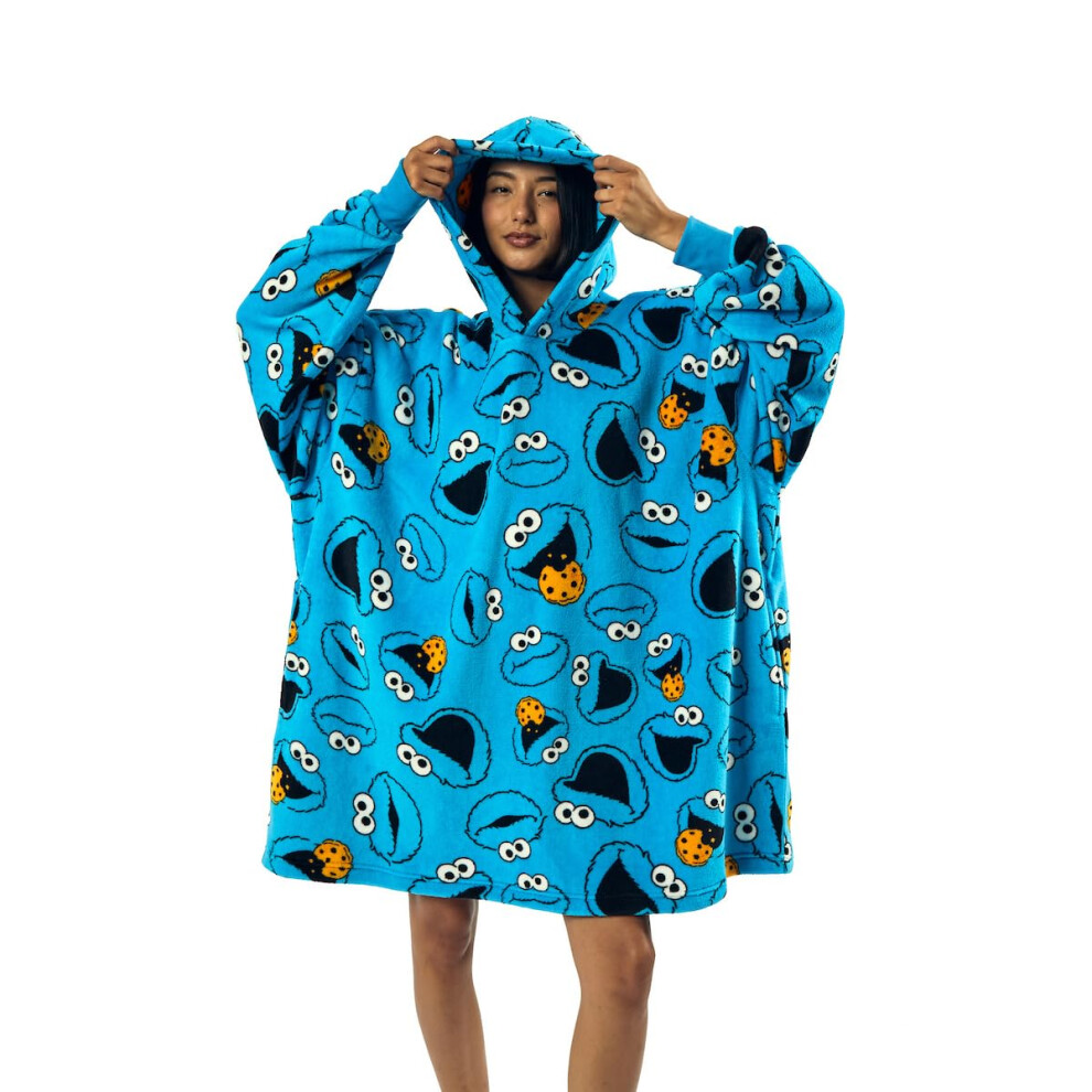Bioworld Sesame Street Cookie Monster All-Over Print Long Sleeve Oversized Hoodie Wearable Blanket-Osfa Blue