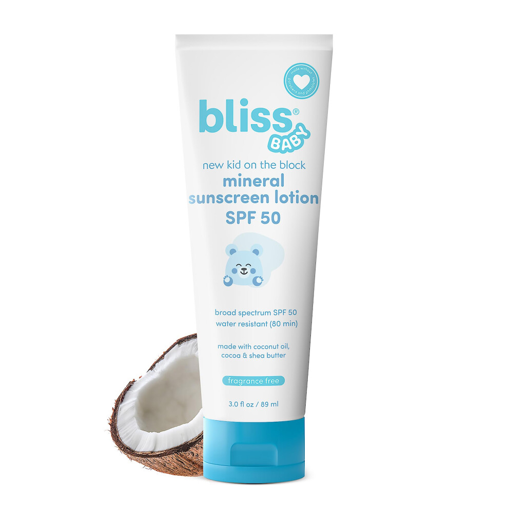 Bliss Baby Sunscreen  Premium SPF 50 Mineral Lotion  Natural Zinc Oxide  Fragrance-Free  Hypoallergenic & Dermatologist Tested  Water-Resistant  Vegan