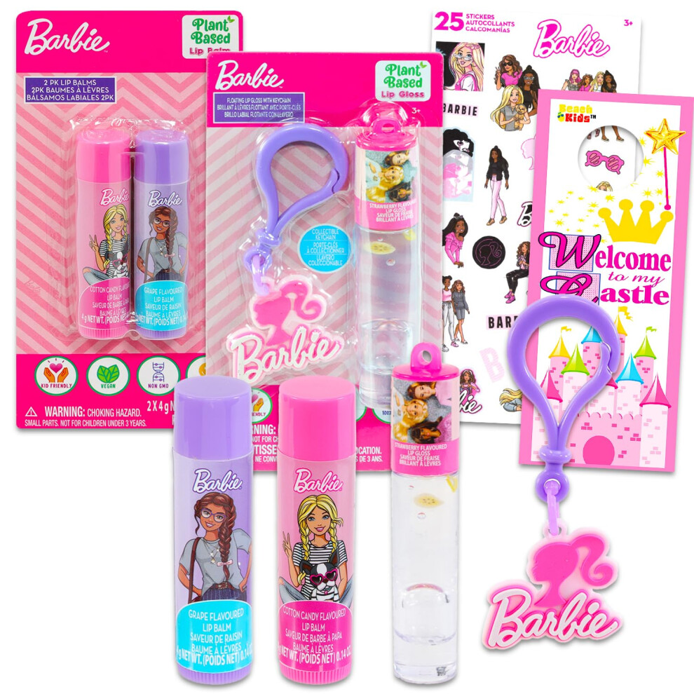 Barbie Lip Balm Set For Girls - Bundle With Lip Balm, Lip Gloss, Keychain, Stickers And More | Lip Balm Kit For Kids, Toddlers