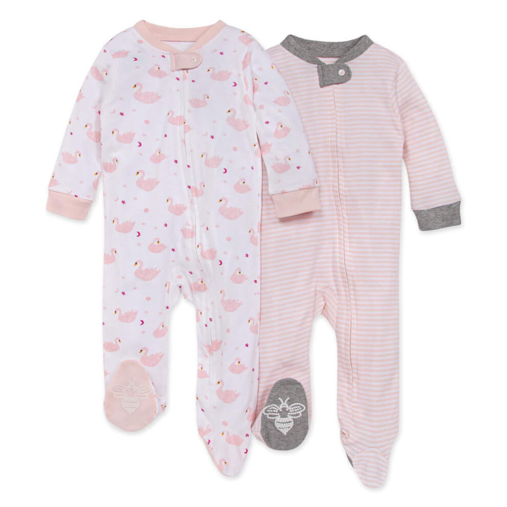 Burt's Bees Baby Baby Girls' Pajamas  Sleep and Play Loose Fit  100% Organic Cotton Soft One-Piece PJs  Sizes NB to 6-9  Graceful Swans 2-pk  0-3 Mont
