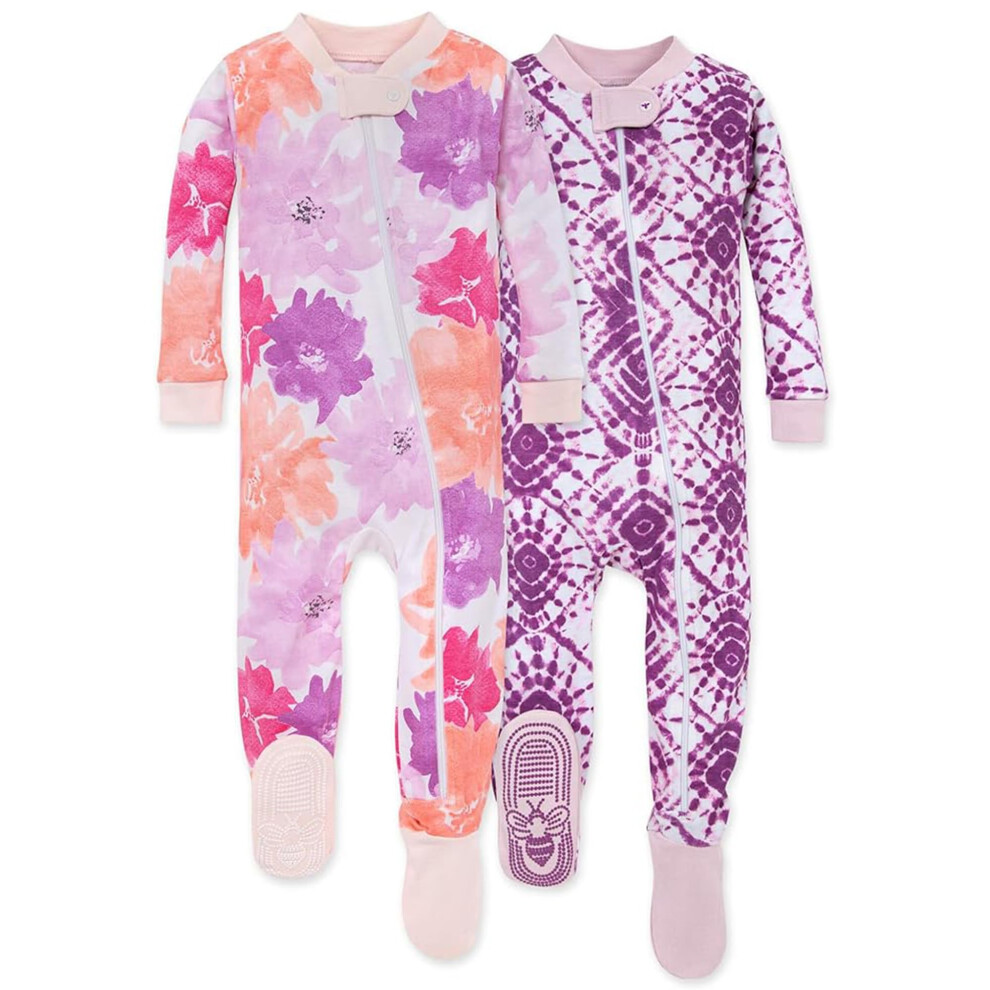 Burt's Bees Baby baby girls Pajamas  Zip Front Non-slip Footed Pjs  100% Organic Cotton and Toddler Sleepers  Watercolor Spring 2-pk  18 Months US