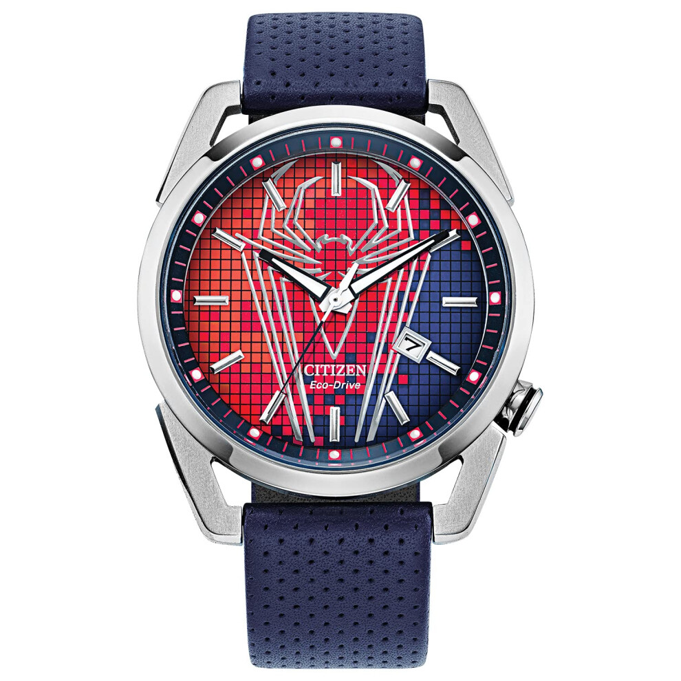 Citizen Eco-Drive Men's Marvel Spider Man Watch in Stainless Steel with Blue Polyurethane Strap  Spider Man Art Blue Dial  3-Hand Date  42mm (Model: A