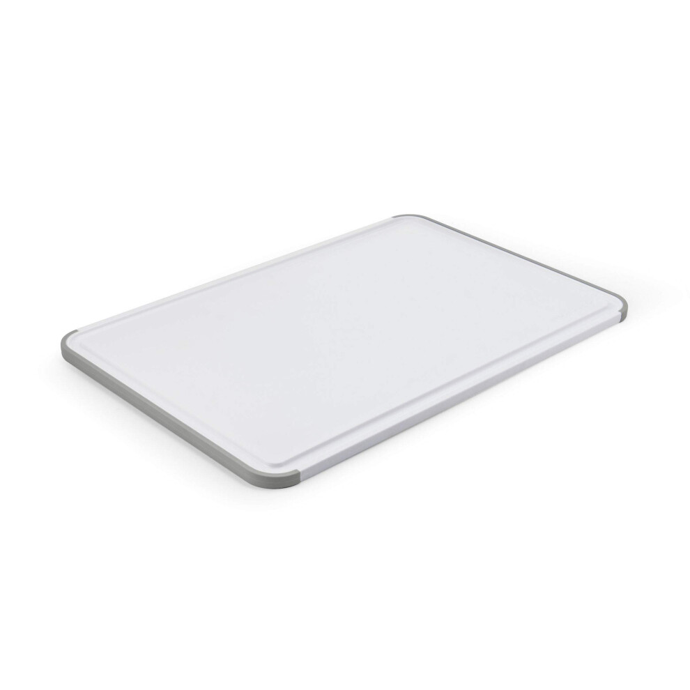 KitchenAid Classic Plastic Cutting Board with Perimeter Trench and Non Slip Edges  Dishwasher Safe  12 inch x 18 inch  White and Gray