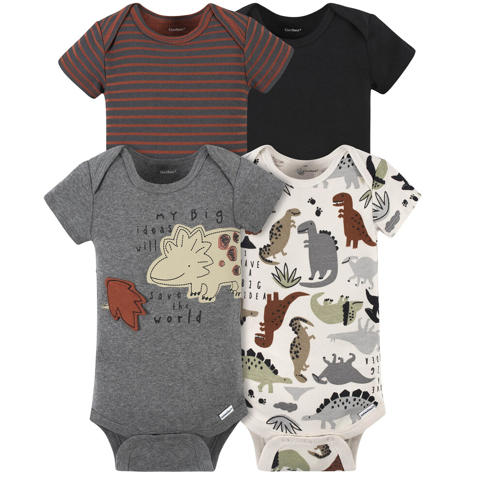 Gerber Baby Boys' 4-Pack Short Sleeve Onesies Bodysuits  Dino Grey  Newborn