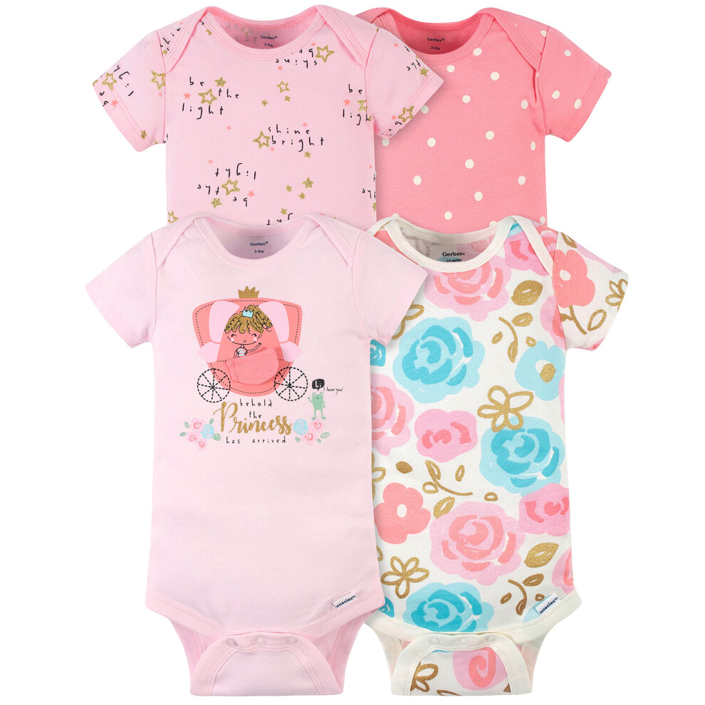 Gerber Baby Girls' 4-Pack Short Sleeve Onesies Bodysuits  Princess Pink  3-6 Months