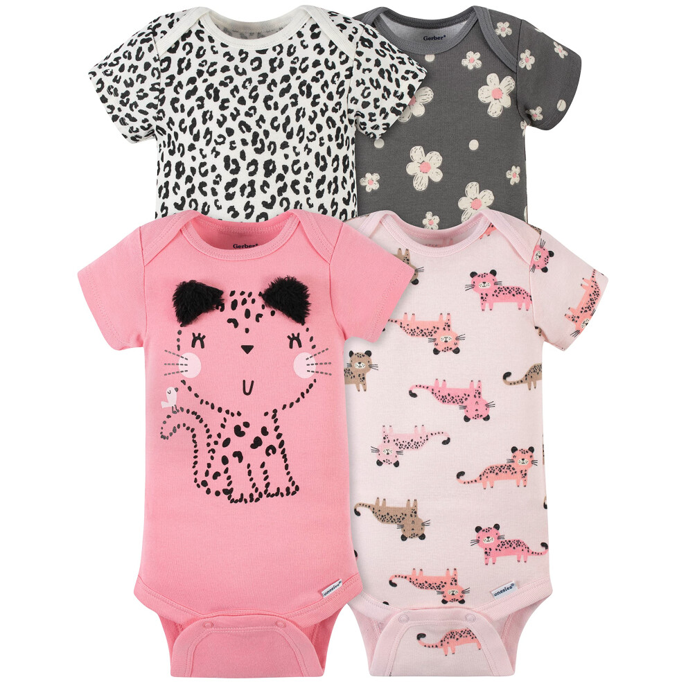 Gerber Baby Girls' 4-Pack Short Sleeve Onesies Bodysuits  Leopard Pink  Newborn