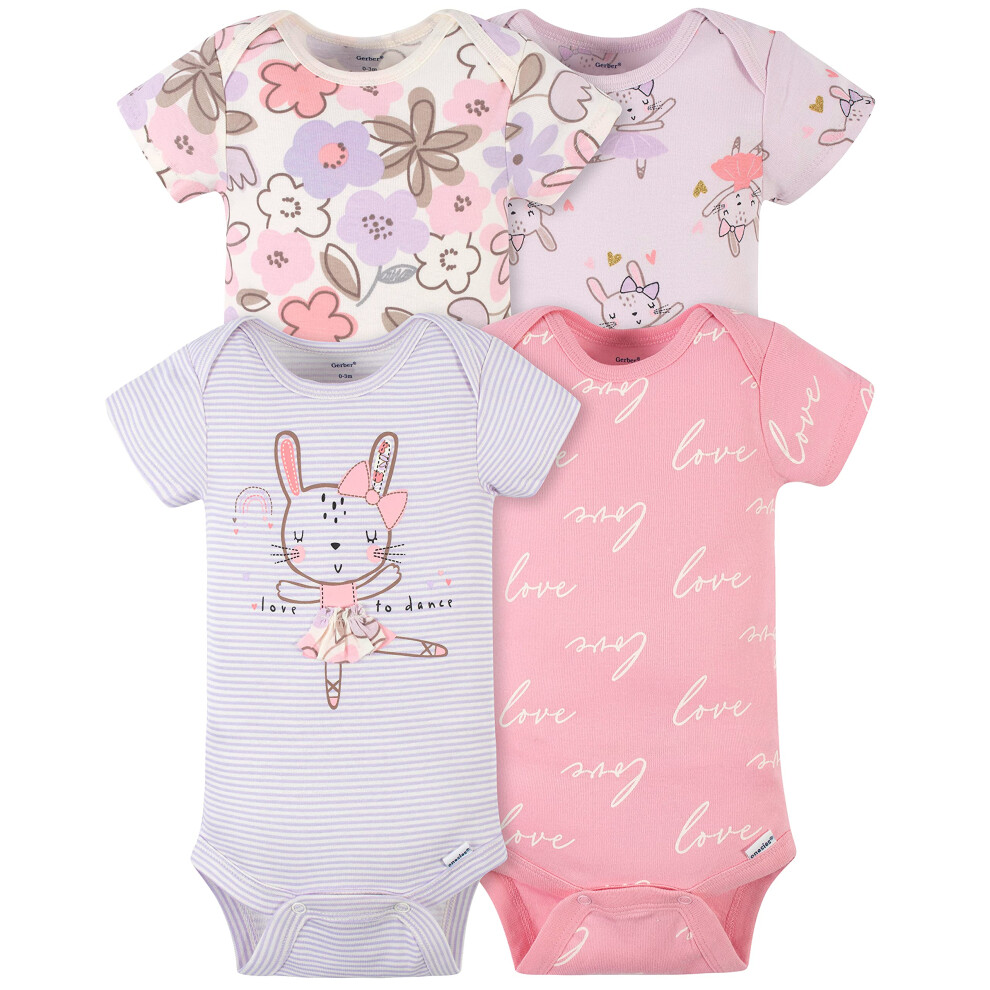 Gerber Baby Girls' 4-Pack Short Sleeve Onesies Bodysuits  Bunny Ballerina Purple  Newborn