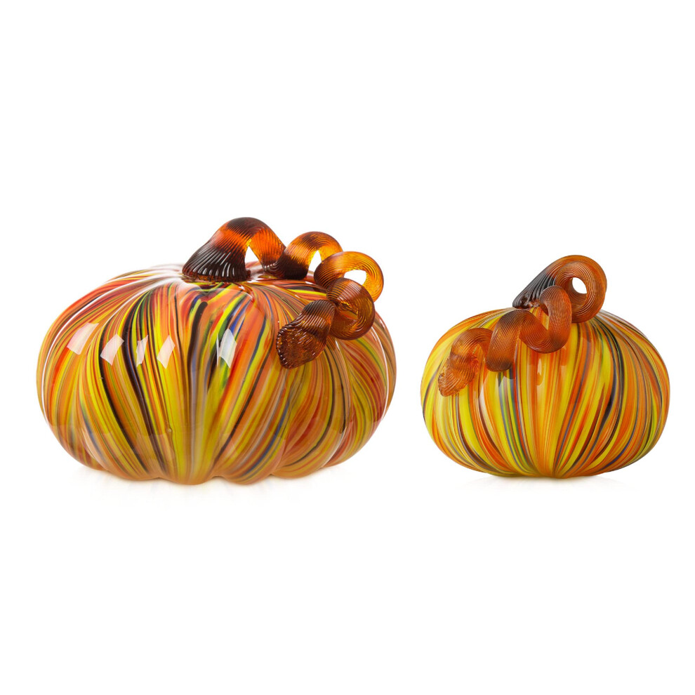 Glitzhome 2 Pack Multiple Striped Glass Pumpkins Hand Blown Glass Pumpkin Tabletop Collectible Fugurines Decorations For Fall Harvest