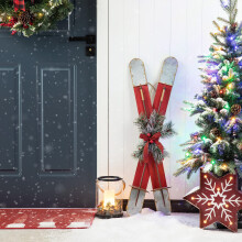 Glitzhome 35"""" H Red Wooden/Galvanized Christmas Ski Porch Decorations Farmhouse Xmas Ornament Sleigh Wall Signs Party Decor Gift