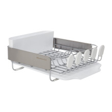 KitchenAid Compact Satin Wire Rust Resistant Expandable Dish Rack with Angled Self Draining Drainboard with Removable Flatware Caddy 23.18-Inch Gr