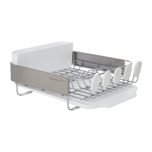 KitchenAid KitchenAid Compact Satin Wire Rust Resistant Expandable Dish Rack with Angled Self Draining Drainboard with Removable Flatware Caddy 23.18-Inch Gr